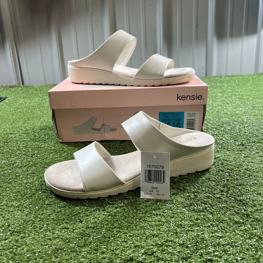 kensie Endy Comfort Women's Size 10 Beige Two Strap Wedge Slide Sandals w/ Box